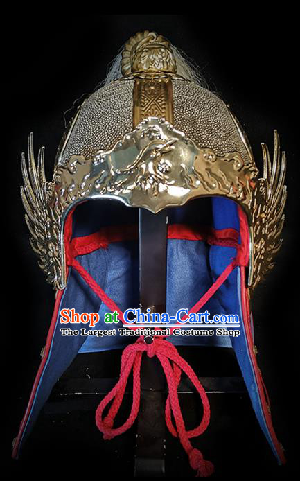 Traditional Chinese Ming Dynasty General Armor Roc Hat Headpiece Ancient Warrior Iron Helmet for Men