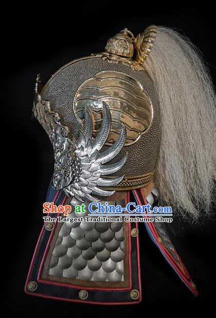 Traditional Chinese Ming Dynasty General Armor Roc Hat Headpiece Ancient Warrior Iron Helmet for Men