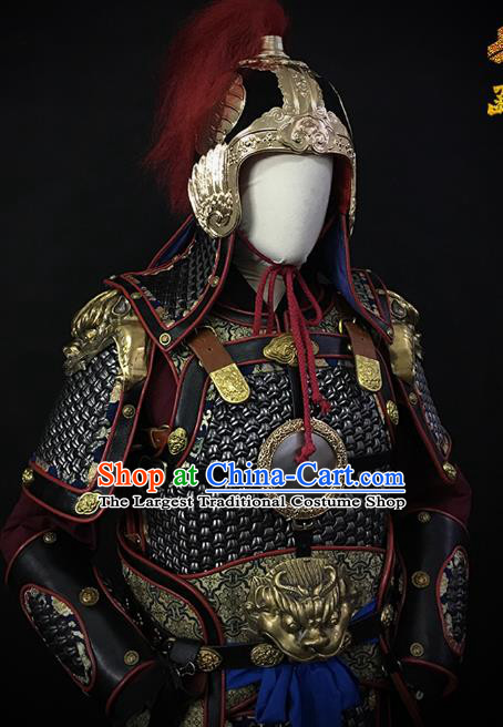 Traditional Chinese Ming Dynasty Soldier Body Armor Outfits Ancient Infantry General Copper Costumes and Helmet Full Set