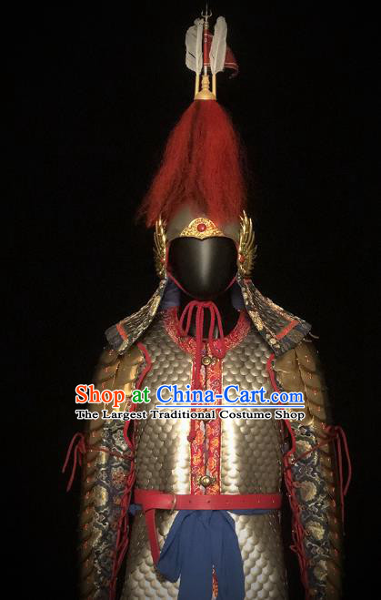 Traditional Chinese Ming Dynasty Imperial Bodyguard Golden Body Armor Outfits Ancient General Iron Costumes and Helmet Full Set