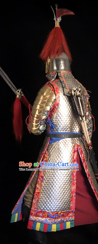 Traditional Chinese Ming Dynasty Imperial Bodyguard Golden Body Armor Outfits Ancient General Iron Costumes and Helmet Full Set