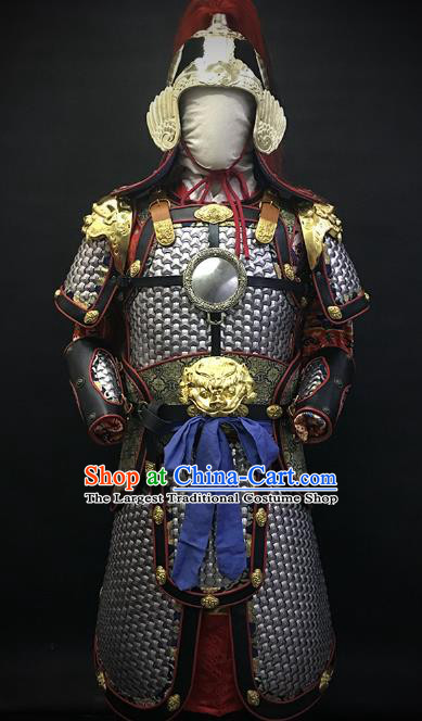 Traditional Chinese Ming Dynasty Military Officer Body Armor Outfits Ancient Film General Iron Costumes and Helmet Full Set