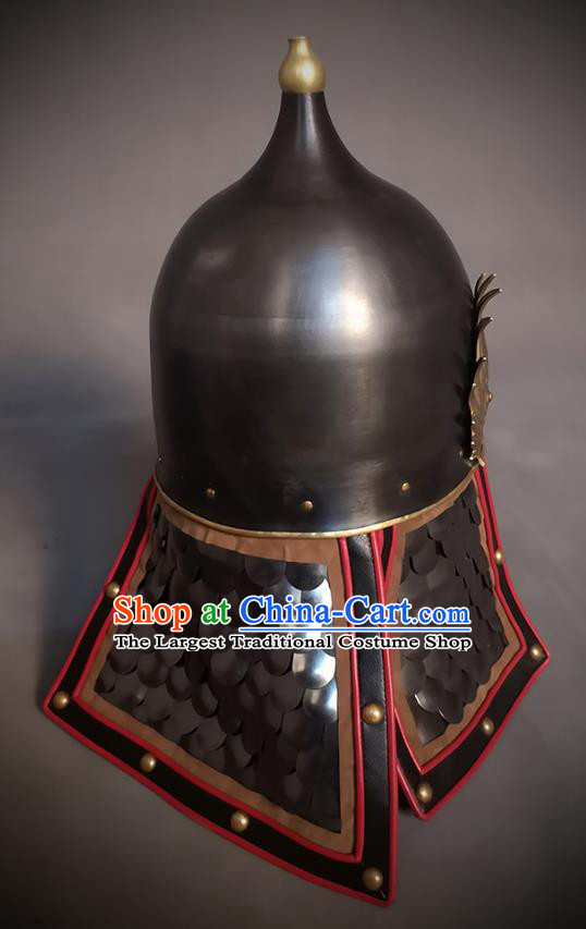 Traditional Chinese Ming Dynasty General Black Armor Hat Headpiece Ancient Soldier Warrior Armet Iron Phoenix Wings Helmet for Men