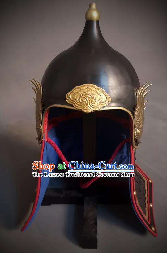 Traditional Chinese Ming Dynasty General Black Armor Hat Headpiece Ancient Soldier Warrior Armet Iron Phoenix Wings Helmet for Men