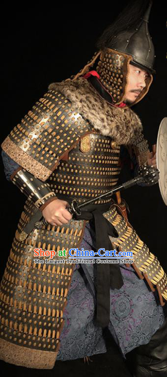 Traditional Chinese Yuan Dynasty Military Officer Body Armor Outfits Ancient Film General Iron Costumes and Helmet Full Set