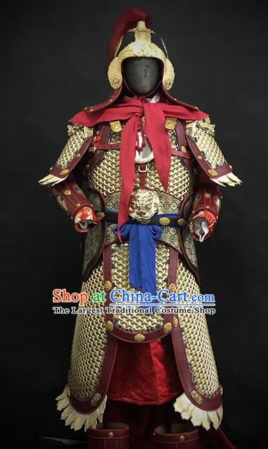 Traditional Chinese Ming Dynasty Military Officer Body Armor Outfits Ancient Film General Copper Costumes and Helmet Full Set