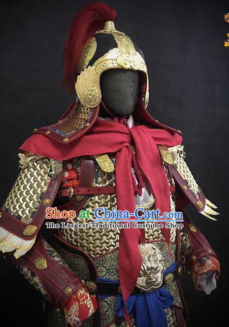 Traditional Chinese Ming Dynasty Military Officer Body Armor Outfits Ancient Film General Copper Costumes and Helmet Full Set