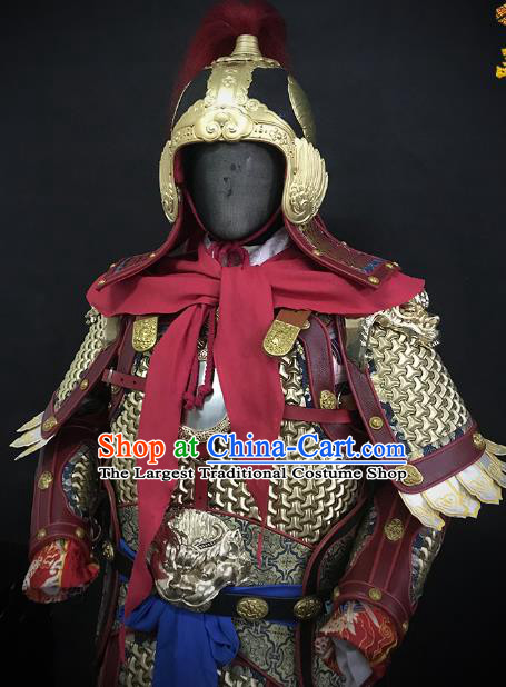 Traditional Chinese Ming Dynasty Military Officer Body Armor Outfits Ancient Film General Copper Costumes and Helmet Full Set