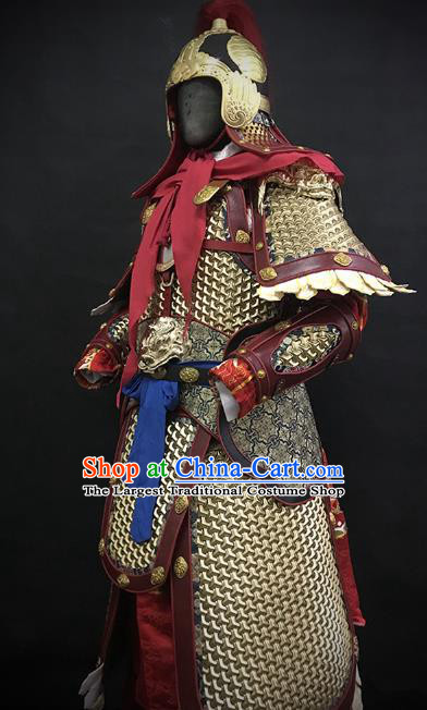 Traditional Chinese Ming Dynasty Military Officer Body Armor Outfits Ancient Film General Copper Costumes and Helmet Full Set