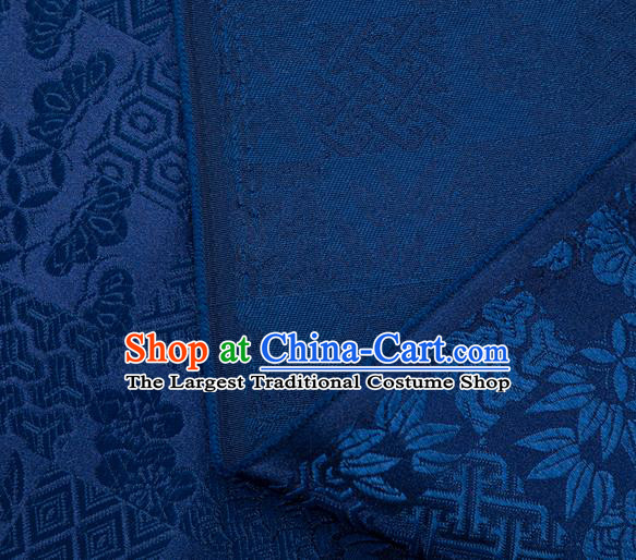 Japanese Traditional Bamboo Leaf Coppor Pattern Design Navy Blue Brocade Fabric Silk Material Traditional Asian Japan Kimono Dress Satin Tapestry