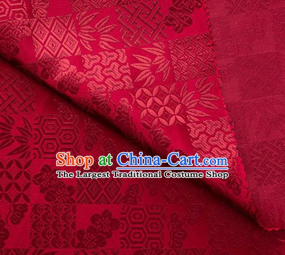 Japanese Traditional Bamboo Leaf Coppor Pattern Design Wine Red Brocade Fabric Silk Material Traditional Asian Japan Kimono Dress Satin Tapestry