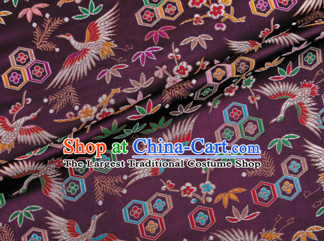 Japanese Traditional Crane Plum Pattern Design Purple Brocade Nishijin Fabric Silk Material Traditional Asian Japan Kimono Tapestry Satin