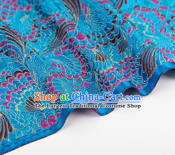 Chinese Classical Phoenix Tail Pattern Design Blue Brocade Silk Fabric Tapestry Material Asian Traditional DIY Tang Suit Satin Damask