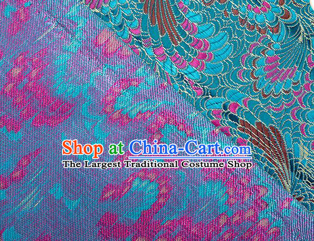 Chinese Classical Phoenix Tail Pattern Design Lake Blue Brocade Silk Fabric Tapestry Material Asian Traditional DIY Tang Suit Satin Damask