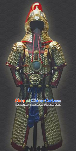 Traditional Chinese Han Dynasty General Golden Body Armor Outfits Ancient Film Military Officer Armour Costumes and Helmet for Men