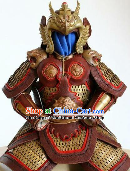 Traditional Chinese Han Dynasty General Leather Body Armor Outfits Ancient Film Military Officer Armour Costumes and Helmet for Men