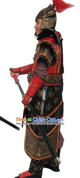 Traditional Chinese Han Dynasty General Red Body Armor Outfits Ancient Film Military Officer Armour Costumes and Helmet for Men