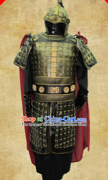 Traditional Chinese Three Kingdoms Period Soldier Leather Body Armor Outfits Ancient Film Military Officer Armour Warrior Costumes and Headwear Full Set