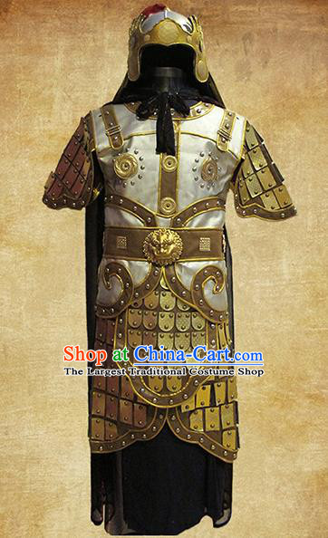 Traditional Chinese Three Kingdoms Period Young Soldier Golden Body Armor Outfits Ancient Film Warrior Armour Costumes and Headwear Full Set
