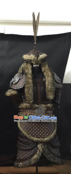 Traditional Chinese Song Dynasty Warrior Body Armor Outfits Ancient Film Liao Dynasty General Fur Armour Costumes and Headwear Full Set