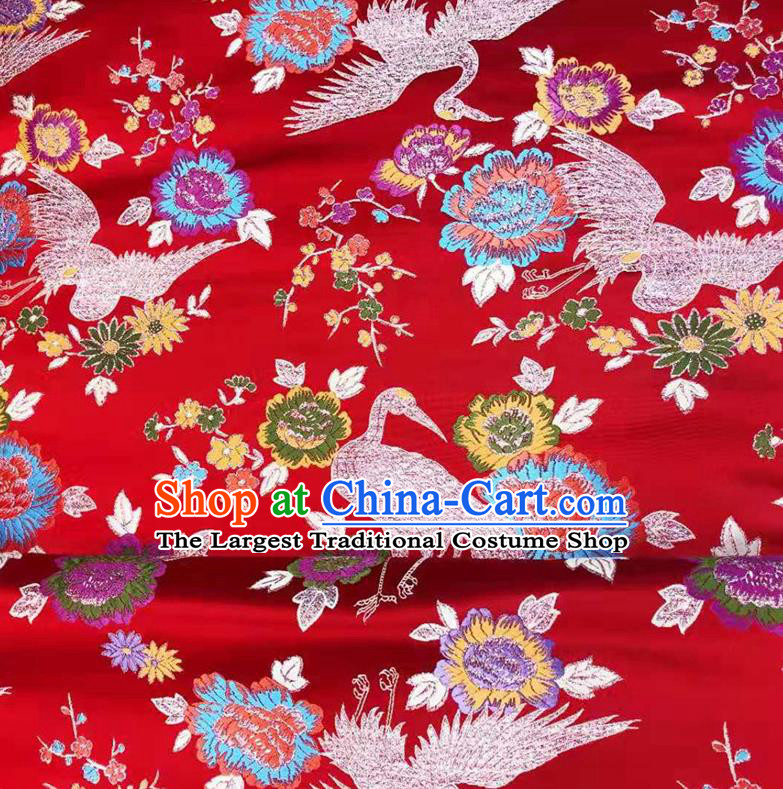 Asian Chinese Traditional Cranes Pattern Design Red Brocade Silk Fabric Tang Suit Tapestry Wedding Dress Satin Material