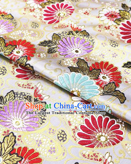 Japanese Traditional Daisy Pattern Design White Nishijin Brocade Fabric Silk Material Traditional Asian Japan Kimono Satin Tapestry