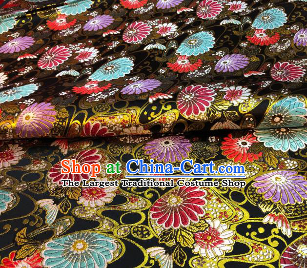 Japanese Traditional Daisy Pattern Design Black Nishijin Brocade Fabric Silk Material Traditional Asian Japan Kimono Satin Tapestry