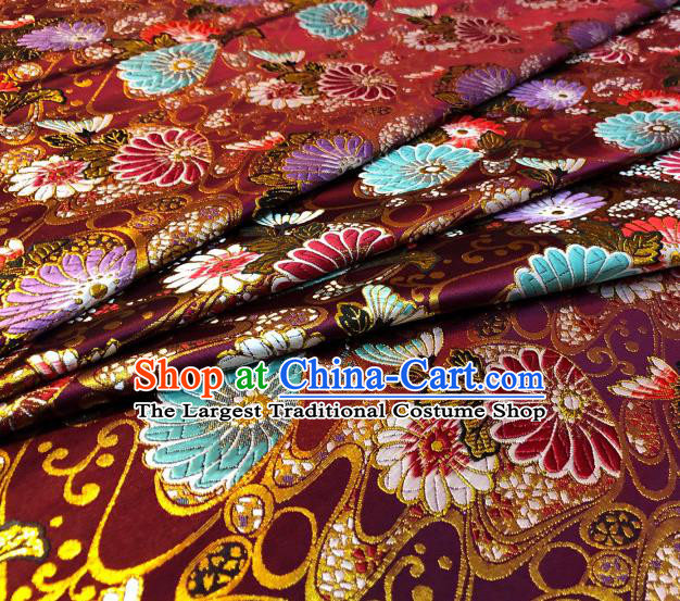 Japanese Traditional Daisy Pattern Design Amaranth Nishijin Brocade Fabric Silk Material Traditional Asian Japan Kimono Satin Tapestry