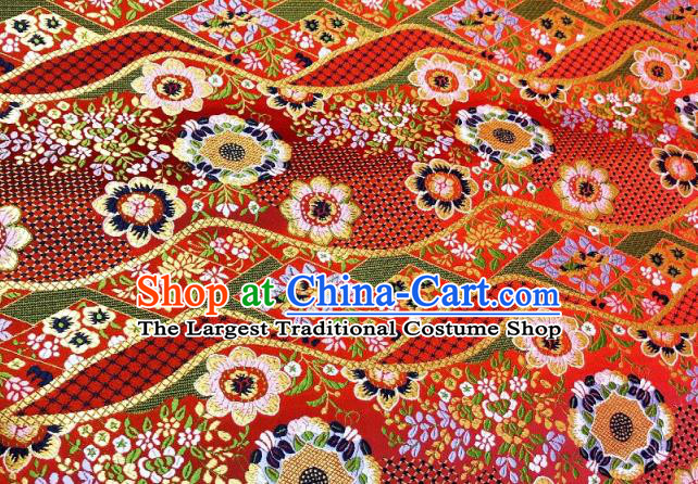 Japanese Traditional Flow Flowers Pattern Design Red Nishijin Brocade Fabric Silk Material Traditional Asian Japan Kimono Dress Satin Tapestry