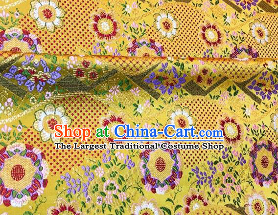 Japanese Traditional Flow Flowers Pattern Design Yellow Nishijin Brocade Fabric Silk Material Traditional Asian Japan Kimono Dress Satin Tapestry