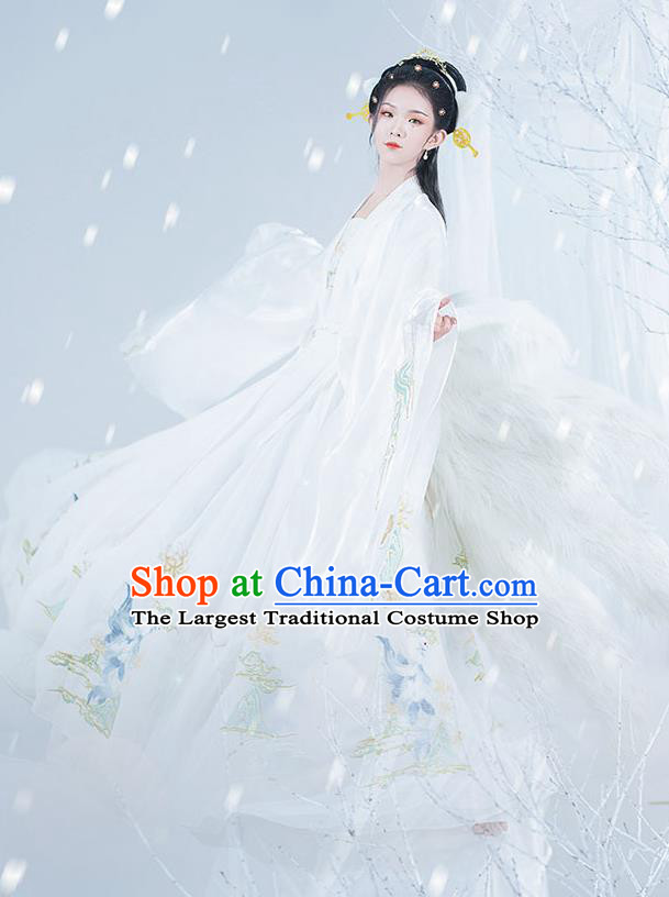 Chinese Ancient Noble Lady Hanfu Garment Costumes Tang Dynasty Royal Princess Cape Blouse Sun Top and Embroidered White Skirt Complete Set