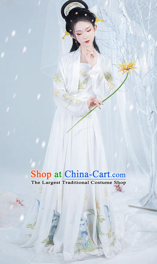 Chinese Ancient Noble Lady Hanfu Garment Costumes Tang Dynasty Royal Princess Cape Blouse Sun Top and Embroidered White Skirt Complete Set