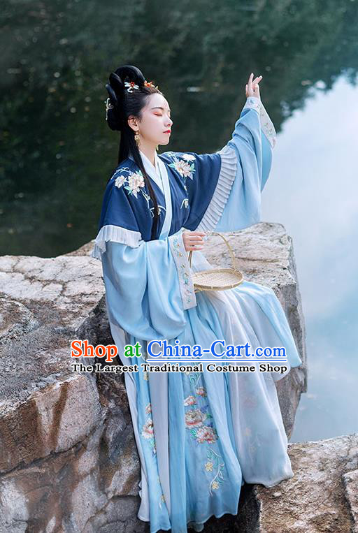 Chinese Ancient Princess Hanfu Garment Costumes Jin Dynasty Palace Lady Blue Half Sleeved Top Blouse and Skirt for Women