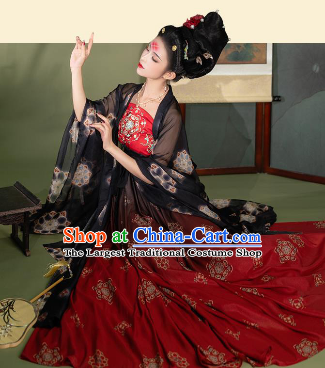 Chinese Ancient Tang Dynasty Imperial Concubine Hanfu Garment Palace Lady Chiffon Cloak Blouse and Red Dress Costumes Full Set