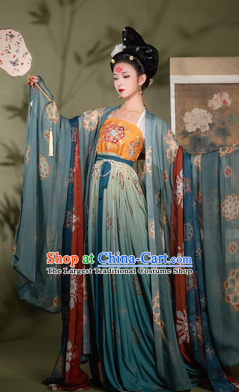 Chinese Ancient Imperial Concubine Hanfu Garment Court Lady Blue Cloak Blouse and Green Dress Tang Dynasty Costumes Full Set