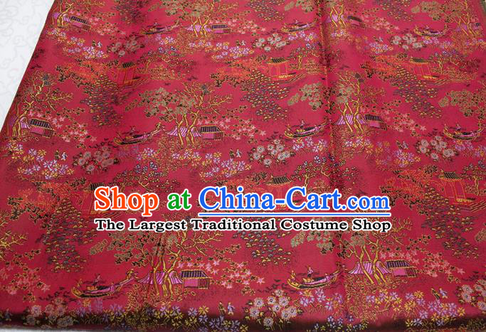 Chinese Classical Scenery Pattern Design Magenta Brocade Silk Fabric DIY Satin Damask Asian Traditional Tang Suit Tapestry Material