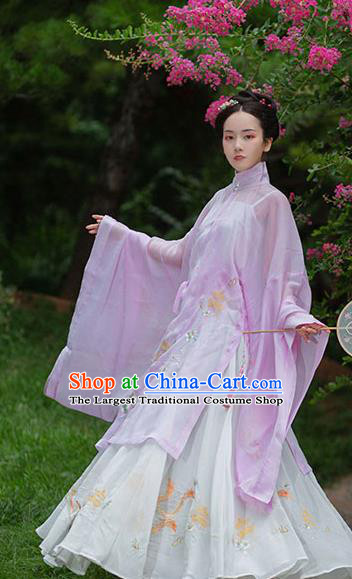 Chinese Ancient Noble Female Hanfu Garment Costumes Ming Dynasty Rich Lady Embroidered Lilac Blouse Sun Top and Skirt Complete Set