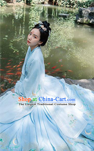 Chinese Ancient Jin Dynasty Noble Woman Embroidered Blue Cape Blouse and Skirt Hanfu Garment Costumes Complete Set