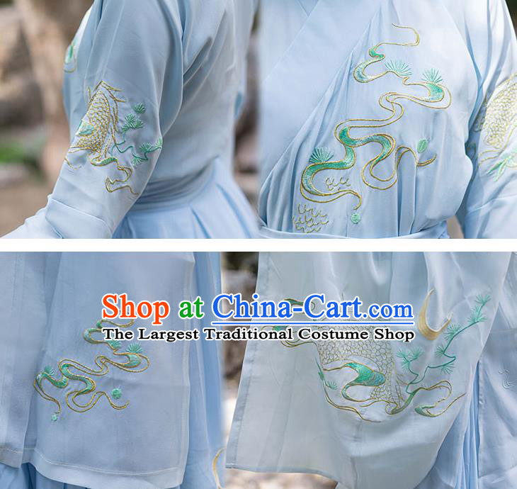 Chinese Ancient Jin Dynasty Noble Woman Embroidered Blue Cape Blouse and Skirt Hanfu Garment Costumes Complete Set