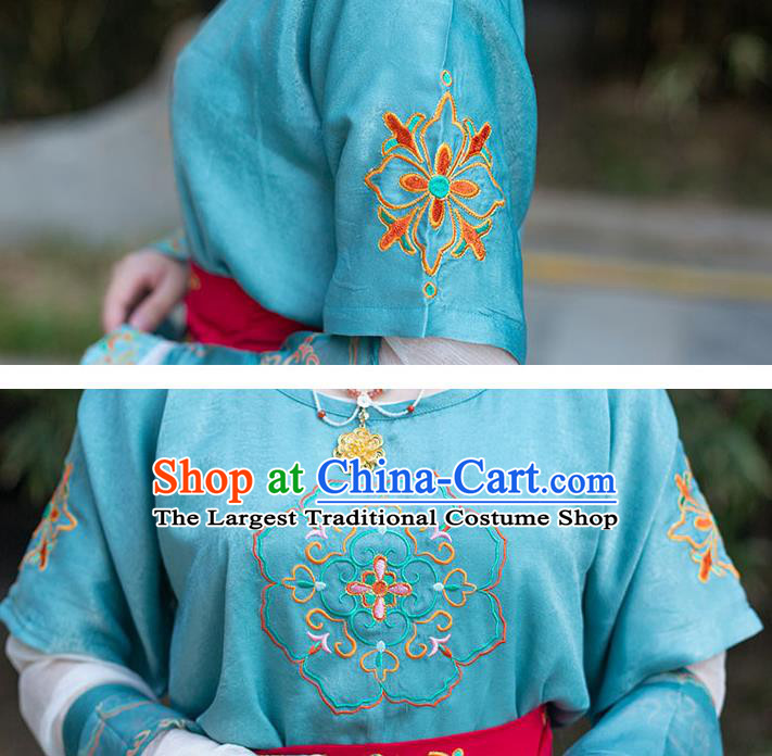 Chinese Ancient Tang Dynasty Court Lady Embroidered Hanfu Garment Green Half Sleeved Top Blouse and Skirt Costumes Complete Set