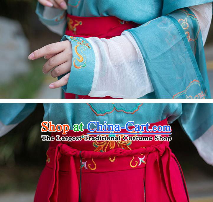 Chinese Ancient Tang Dynasty Court Lady Embroidered Hanfu Garment Green Half Sleeved Top Blouse and Skirt Costumes Complete Set