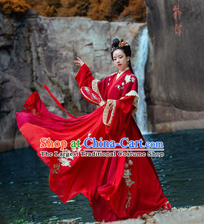 Chinese Ancient Noble Princess Red Hanfu Garment Costumes Jin Dynasty Palace Lady Wedding Half Sleeved Top Blouse and Skirt Full Set