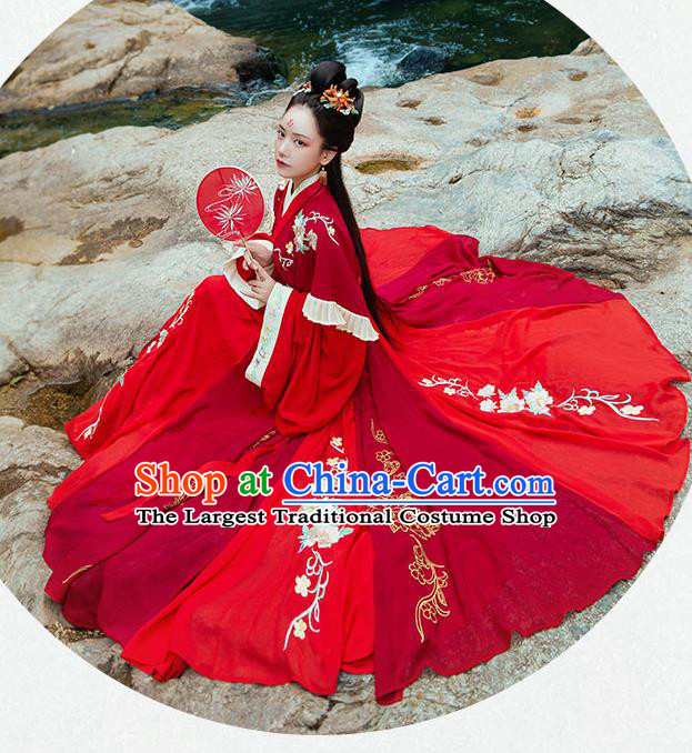 Chinese Ancient Noble Princess Red Hanfu Garment Costumes Jin Dynasty Palace Lady Wedding Half Sleeved Top Blouse and Skirt Full Set