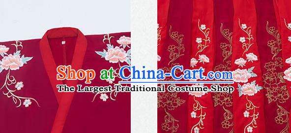 Chinese Ancient Noble Princess Red Hanfu Garment Costumes Jin Dynasty Palace Lady Wedding Half Sleeved Top Blouse and Skirt Full Set
