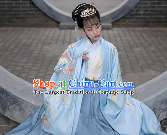 Chinese Ancient Empress Hanfu Garment Costumes Han Dynasty Noble Queen Embroidered Blue Cape Blouse and Skirt Complete Set