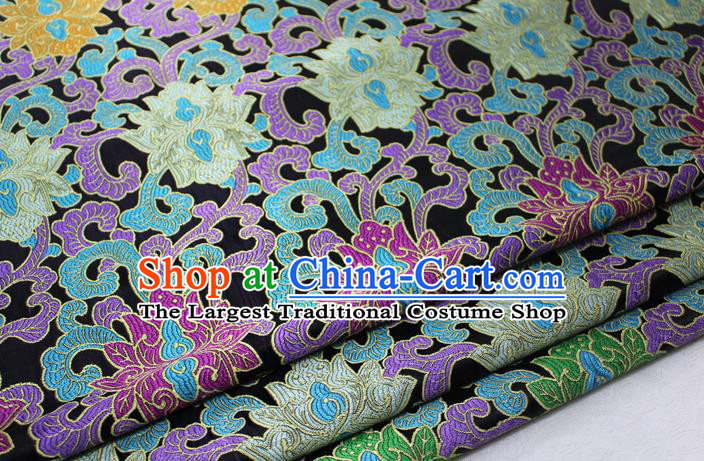 Chinese Mongolian Robe Classical Lotus Pattern Design Black Nanjing Brocade Asian Traditional Tapestry Material DIY Satin Damask Silk Fabric