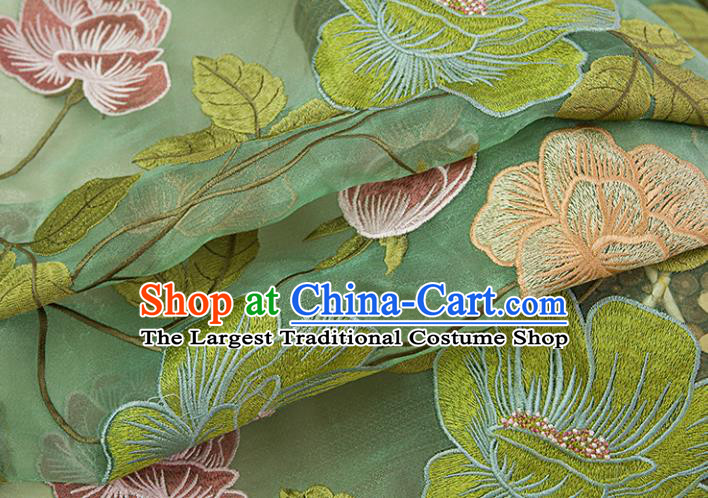 Top Quality Chinese Classical Embroidered Peony Pattern Green Gauze Material Asian Traditional Curtain Silk Cloth Fabric