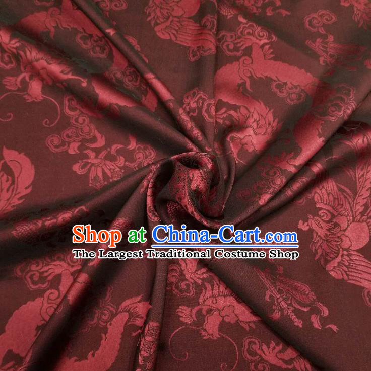 Top Quality Chinese Classical Dragon Phoenix Pattern Dark Red Silk Material Traditional Asian Hanfu Dress Jacquard Cloth Traditional Satin Fabric