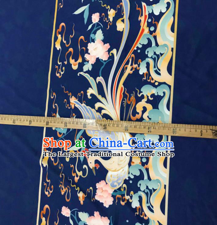 Chinese Hanfu Dress Traditional Phoenix Peony Pattern Design Navy Satin Fabric Silk Material Traditional Asian Tapestry