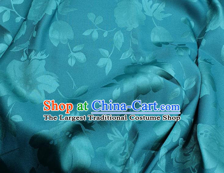 Chinese Traditional Camellia Pattern Design Lake Blue Satin Fabric Silk Material Traditional Asian Hanfu Dress Cloth Tapestry